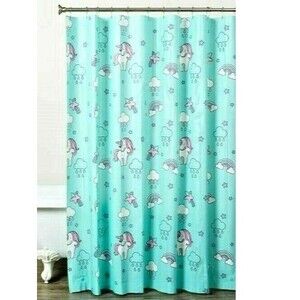 Dream Street Unicorns Bath Shower Curtain Aqua Blue PEVA Clouds Stars Rainbows